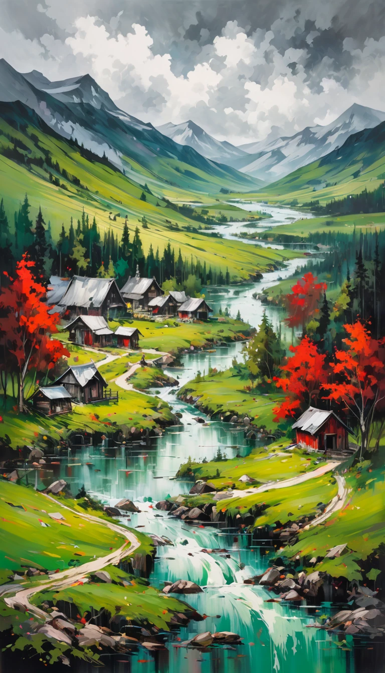artist by Mark Bradford,inside the village,wild animals,light tones,(smooth strokes),fine sketches,Vivid,Moody,Landscapes,Fantasy,Dark,landscape oil painting, red and green colors
