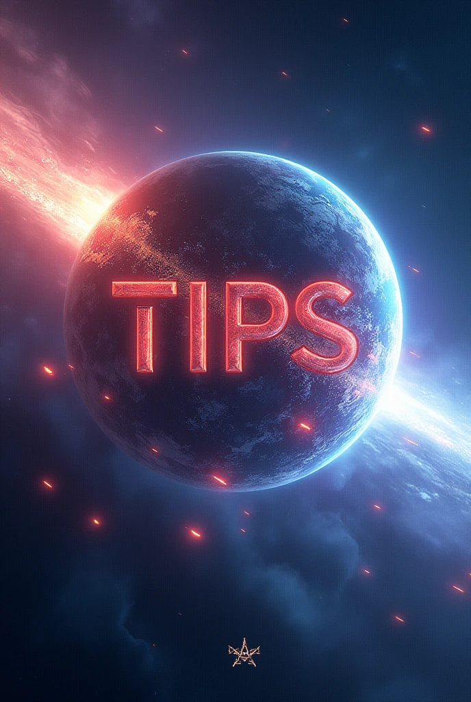 Universe art piece with a clearly visible word "tips" as title on a planet which is moving at high speed with long tail lights