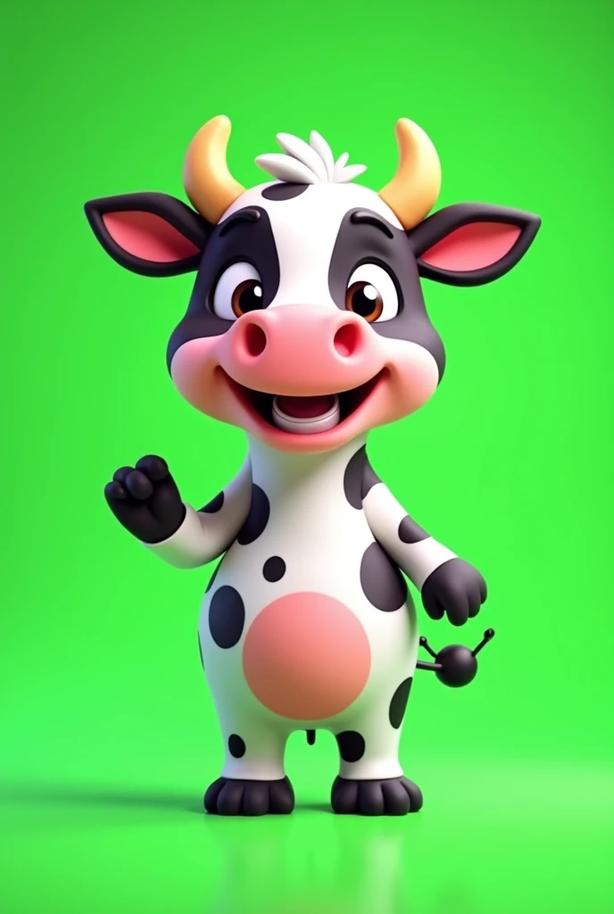 Create an image of a friendly, cartoon-style cow standing on a bright green screen background. The cow should have a cheerful expression with large, expressive eyes and a big smile. It can be black and white, with classic cow spots, and should be slightly exaggerated in a cute, playful way. The cow might be standing upright, waving, or holding a sign, making it perfect for use in various green screen video projects. The overall design should be simple and vibrant, with the cow as the central focus against the solid green background.