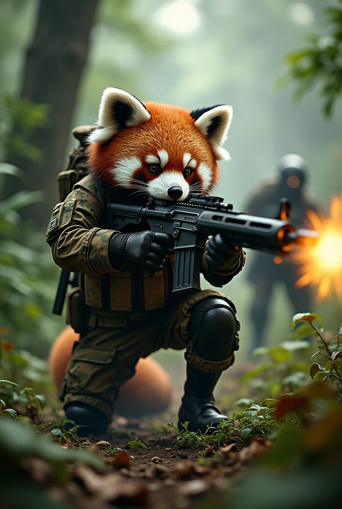 Generates a humanoid red panda with commando clothing and camouflage in a war in the Congo jungle in realistic format eliminating another mercenary humanoid