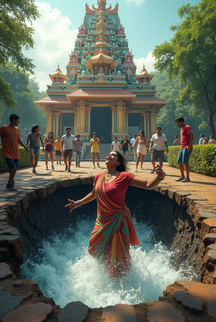 Create a realistic image of a 4 Indian woman, Vijayalakshmi, falling into a sinkhole on the grounds of the Sri Maha Mariamman Temple in Kuala Lumpur, Malaysia. The sinkhole should be approximately 10 feet deep and 5 feet wide, with water rushing in from a burst underground pipe. Show people in the background, shocked and trying to rescue her. The temple's architecture and surroundings should be accurately depicted. Use a mix of realistic and artistic styles to convey a sense of urgency and drama.
