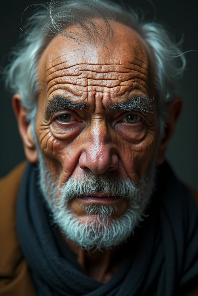 from the images above generate another one with the focus on his face ,showing age and tiredness 