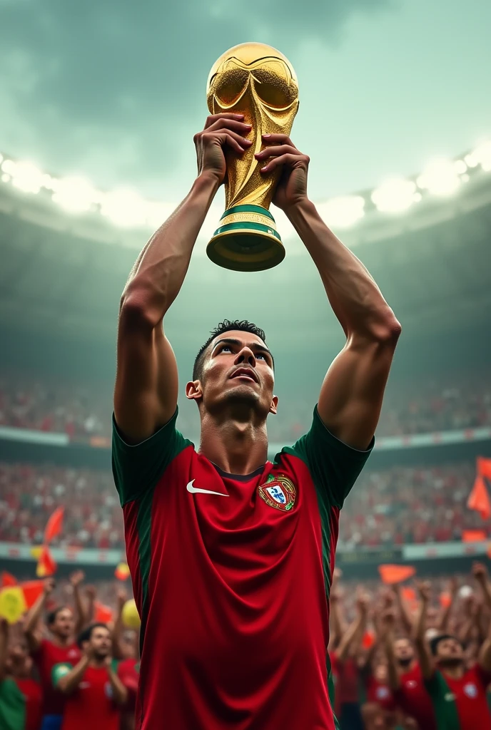 Cristiano ronaldo with a world cup trophy 