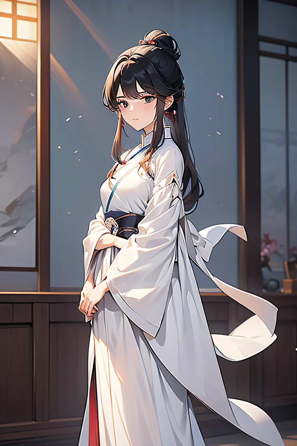 figure: Liu Ruoshuang is about 5 feet 4 inches tall(About 163 cm),figure slender,Elegant figure,Exudes a fragile but resilient temperament。
face: Her face is delicate and pale with a hint of sickness.,Delicate facial features,Eyes and eyebrows are picturesque,Straight nose,When the eyes are slightly lowered, they look very charming,Revealing a faint melancholy。
hair: Liu Ruoshuang has smooth black hair,Length and waist,Often draped over the shoulders,Sometimes I would simply tie my hair into a loose bun with a jade hairpin.。
Farbe: 她的Farbe白皙如玉,Skin like coagulation,Lack of sunlight due to long-term indoor living。
Wear: Often wears a plain white or light grey long skirt,Floor-length skirt,The fabric is as light as a cloud,Occasionally, I would put on a light-Farbeed gauze coat.,Gives people a feeling of floating like a fairy。