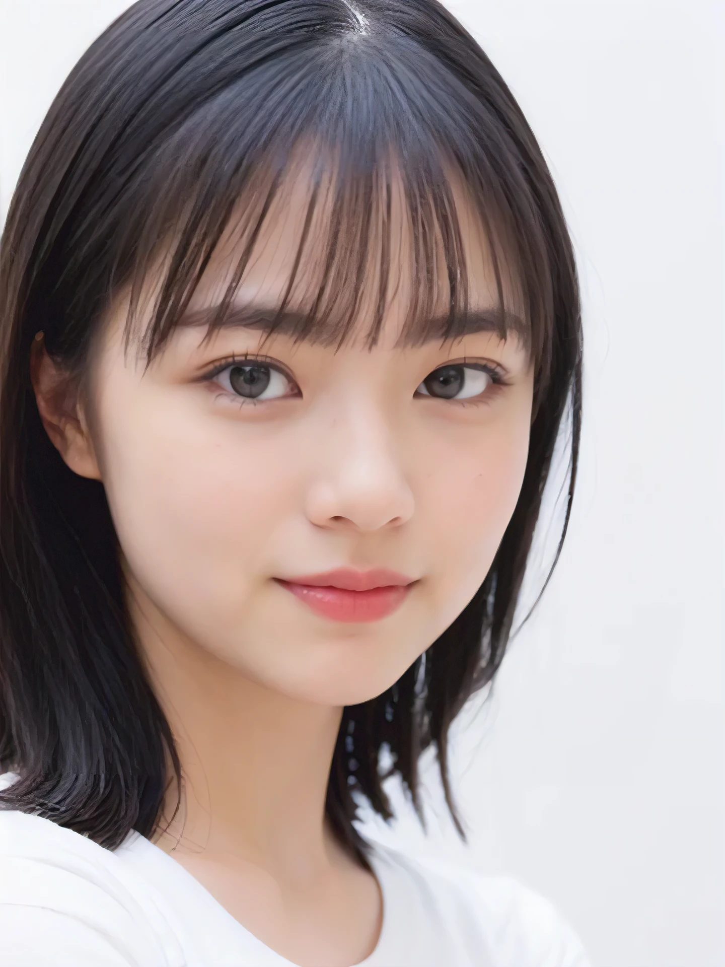 1girl, 25years old woman, cute face, Small breasts, medium breasts, large breasts, beautiful face, (perfectly detailed face), ((looking at viewer)), Simple Background, ((white background)), ((white wallpaper)), White skin, (bright lighting:1.2), perfect lighting, photorealistic, (bokeh), UHD, anatomically correct, highres