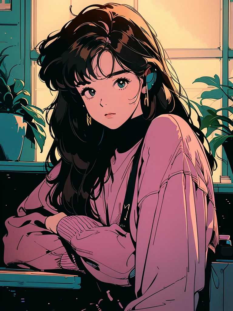A young woman is sitting comfortably in a modern, cozy room with a cityscape visible through a large window at night. The main object of focus is the woman, who appears to be in her late teens or early twenties. She has long, wavy brown hair and is wearing a pair of large over-ear headphones. Her eyes are closed, and she has a serene, relaxed expression on her face as she listens to music. The woman is seated in a plush armchair, which is positioned to the right of a wooden desk. On the desk, there is a modern desktop computer, a ceramic coffee mug, and a small potted plant. A desk lamp with a warm, yellow glow is placed on the left side of the desk, casting a soft light over the scene. The light from the lamp is the primary light source, illuminating the woman and creating gentle shadows around her. In the background, the large window offers a stunning view of the city at night, with numerous skyscrapers and their illuminated windows creating a vibrant, urban atmosphere. The room itself is painted in neutral tones, with the walls adorned with minimalistic decor. The overall color scheme of the image features warm tones from the lamp and the cooler tones of the night cityscape, creating a balanced and visually appealing contrast. The perspective of the image is from a slight angle, allowing for a clear view of the woman, the desk, and the background cityscape. The size of the image is rectangular, with a wide aspect ratio that captures the breadth of the scene. The theme of the image is calm and relaxation, with an emphasis on the soothing environment and the woman's peaceful state.
