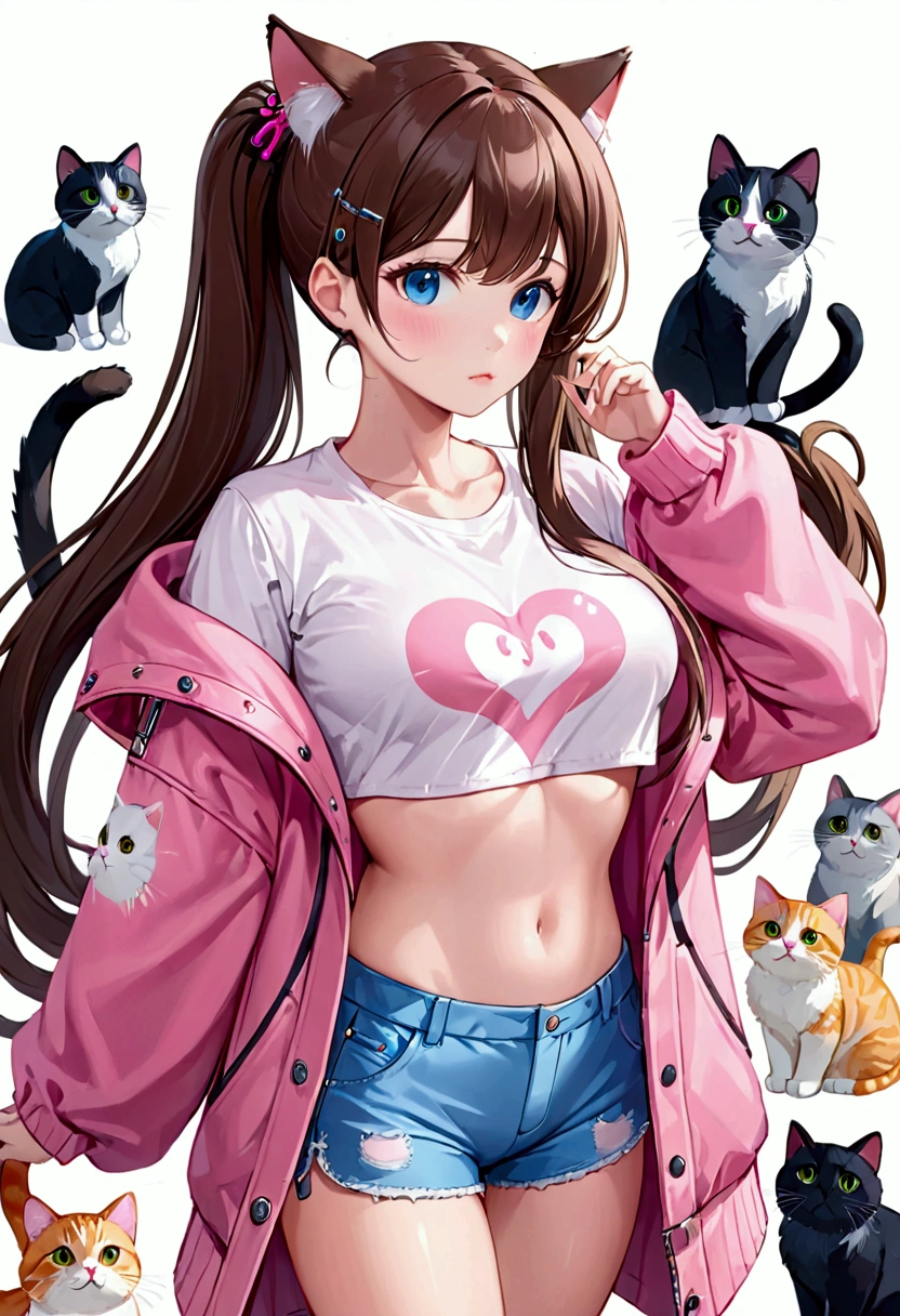 (Masterpiece,Highest quality),(Maximum details),1 girl,long hair,Double ponytail,brown hair,blue eyes,Lots of hair clips on the head,Wear a pink coat(No zipper),Wear a white t-shirt(Cat pattern),Very big chest,Wear shorts.