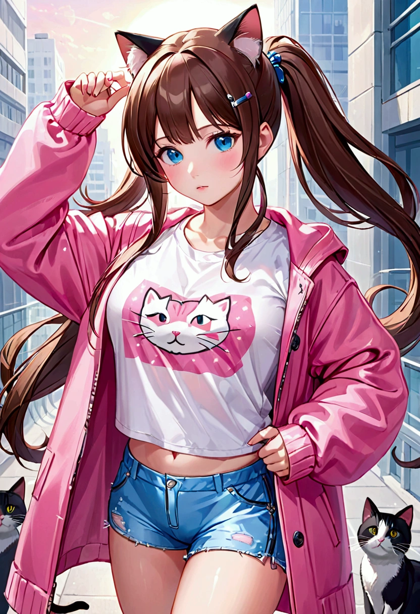 (Masterpiece,Highest quality),(Maximum details),1 girl,long hair,Double ponytail,brown hair,blue eyes,Lots of hair clips on the head,Wear a pink coat(No zipper),Wear a white t-shirt(Cat pattern),Very big chest,Wear shorts.