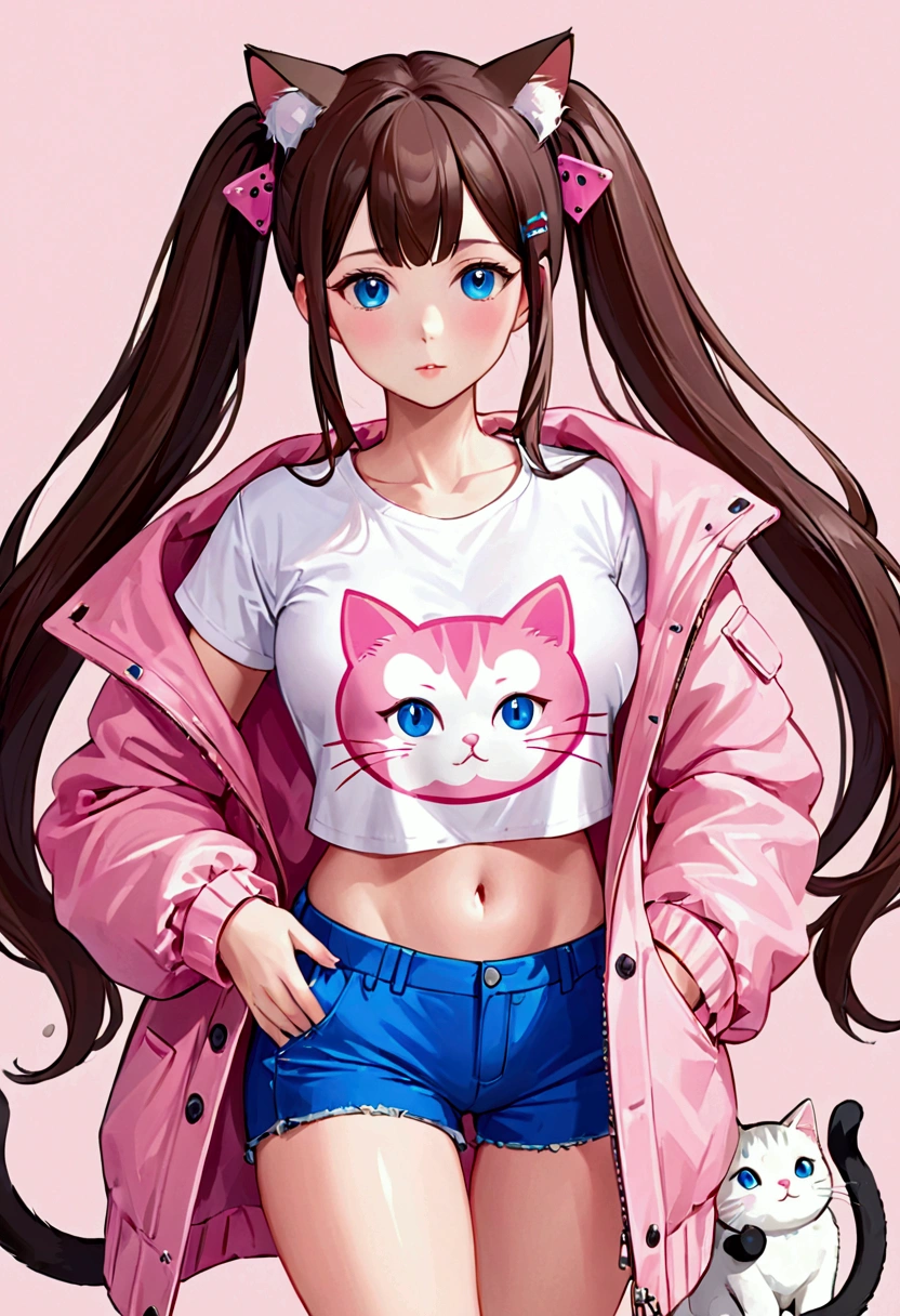 (Masterpiece,Highest quality),(Maximum details),1 girl,long hair,Double ponytail,brown hair,blue eyes,Lots of hair clips on the head,Wear a pink coat(No zipper),Wear a white t-shirt(Cat pattern),Very big chest,Wear shorts.