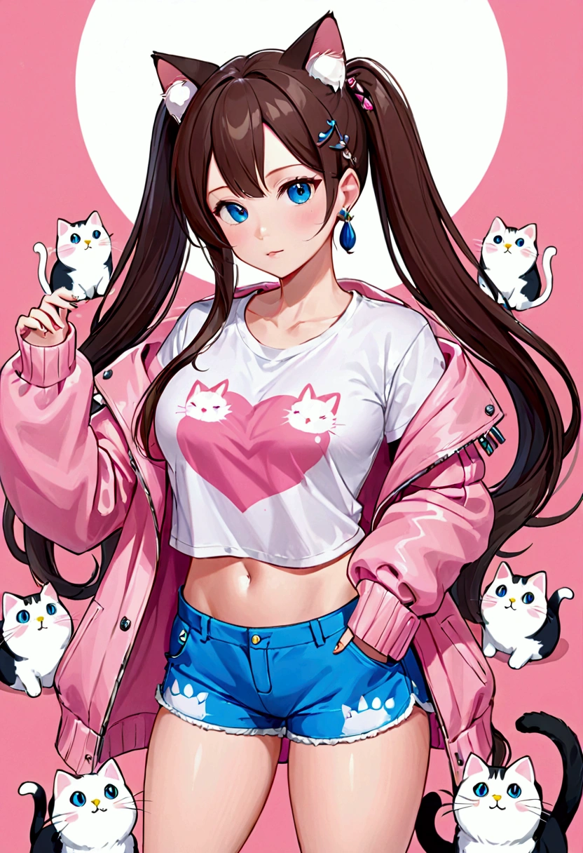 (Masterpiece,Highest quality),(Maximum details),1 girl,long hair,Double ponytail,brown hair,blue eyes,Lots of hair clips on the head,Wear a pink coat(No zipper),Wear a white t-shirt(Cat pattern),Very big chest,Wear shorts.