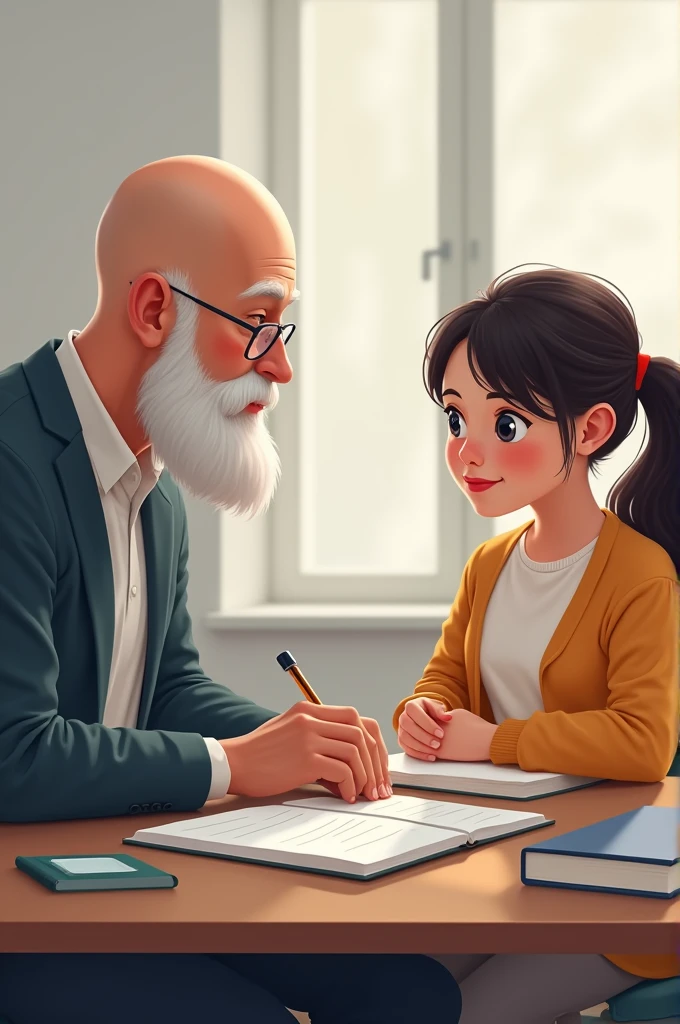 I need you to draw a bald man sitting down and a girl sitting next to him showing him her notebooks and homework., very clean 