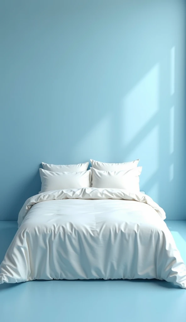 make a picture, realistic, clean and bright bed, blue background, bird's eye view, wide, full body, 8k super realistic