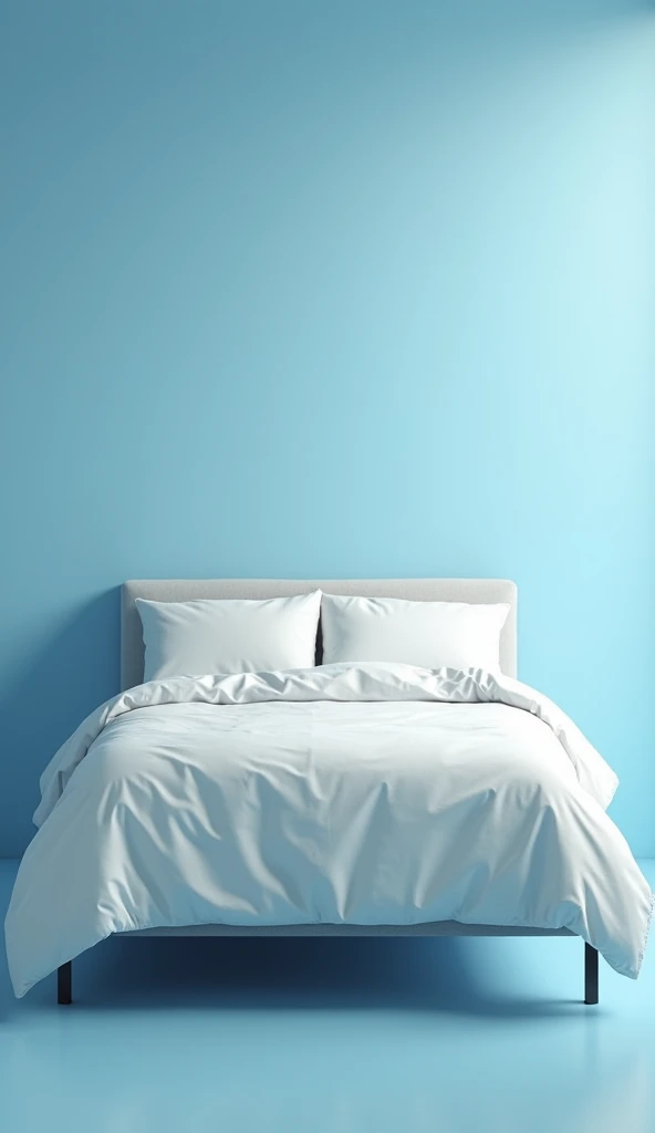 make a picture, realistic, clean and bright bed, blue background, bird's eye view, wide, full body, 8k super realistic