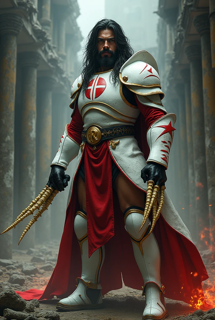 Male age 35, long black hair, receding hairline, scar on the face, latin, Long pale yellow bone punches out from the wrists to the ground, white Plate armor, armor breastplate with a pair four-pointed red stars, a gold belt buckle with a letter R, red leotard, plate belt, plate wristband, armor boots with red flames, cyberpunk japanese style, athletic, magic powers, action, black cat nails, crazy pose, dark ruins backgroud, full body