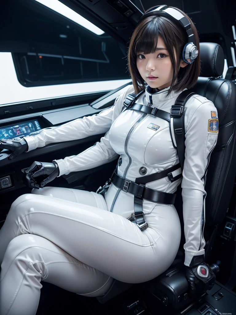 masterpiece, Highest quality, Very detailed, Japanese Android girl, Beautiful 2 Japanese woman, Plump,Slightly thicker,Control panel,Android,cyborg,Blunt bangs,Sitting in the cockpit and piloting,White bodysuit,Thick harness belt,Full-face helmet