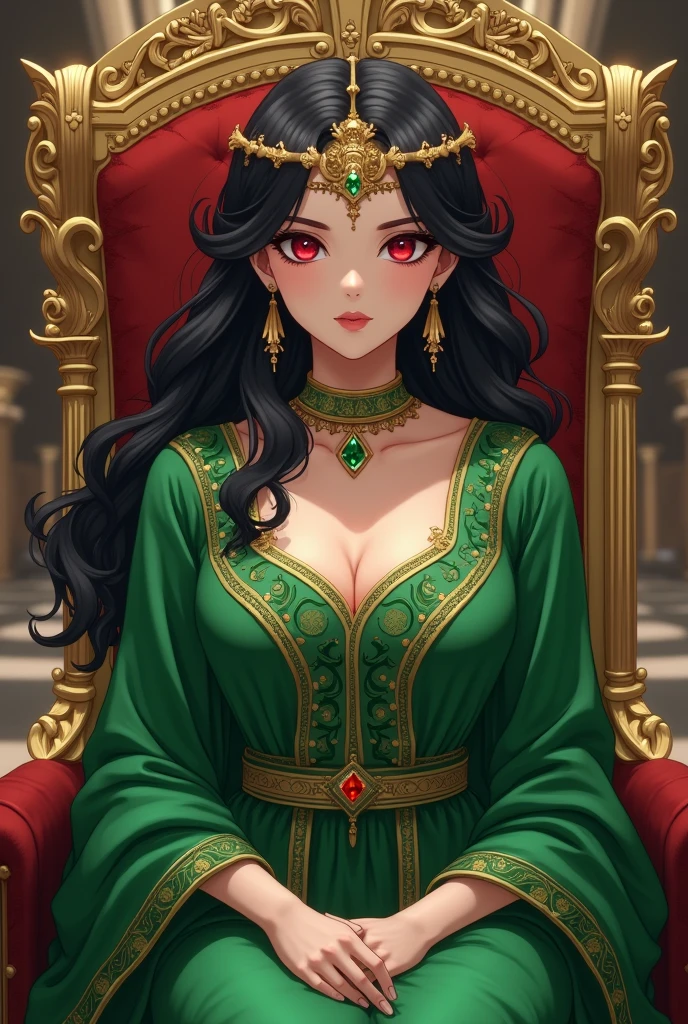 image of a queen from ancient Greece, with green clothes, (((anime styling))), black hair and red eyes. She is sitting on the throne. 