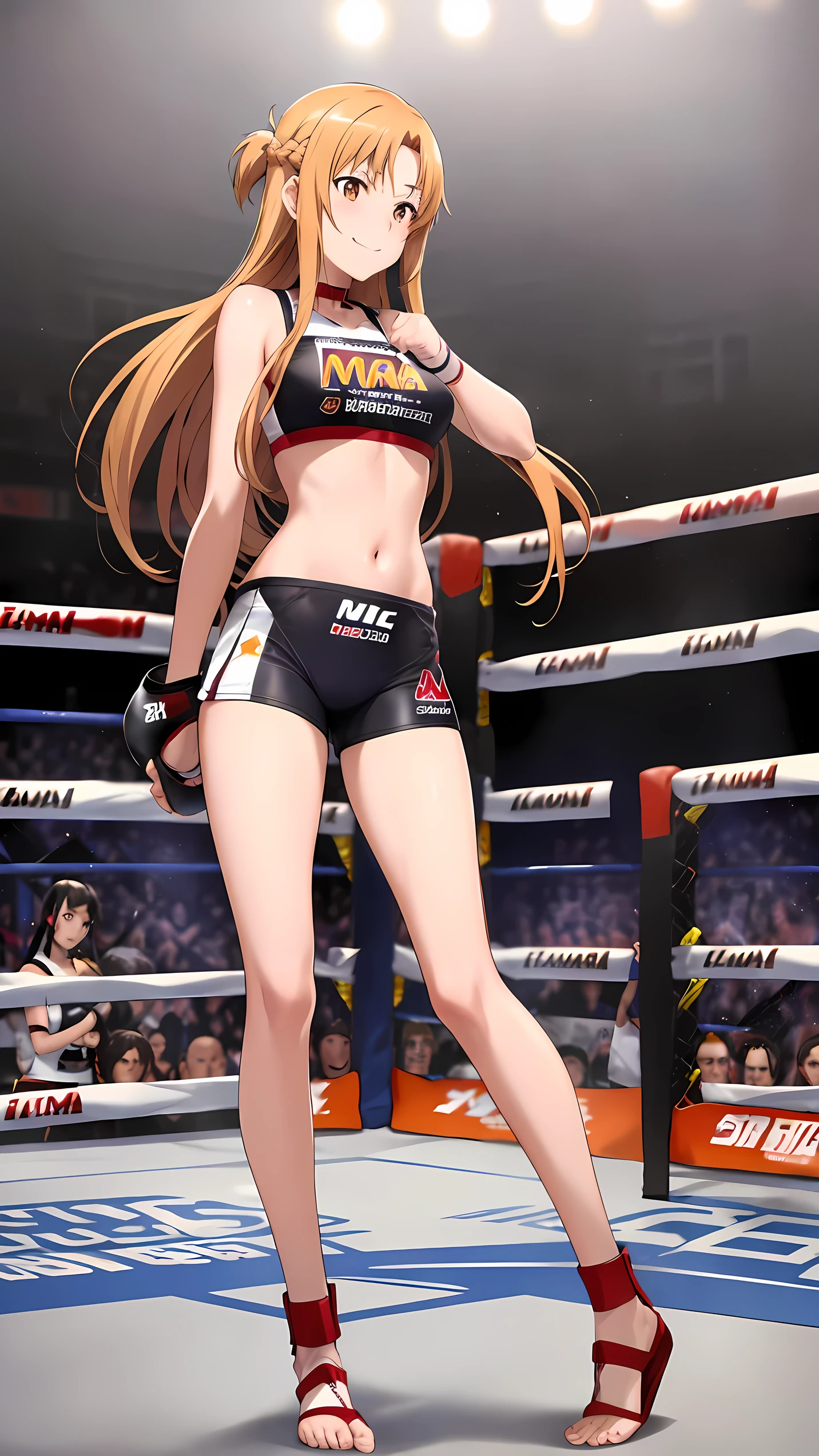 Asuna yuki(Sword Art Online), Dynamic Angle, Long bronze hair,Braiding,Brown eyes,Detailed eyes,Large bust line,(wearing MMA uniform:1.5, thigh, belly button), Roll Forward,Genuine,Her slim legs are really cute.,Very beautiful long legs, Perfect body,Genuine,(Independent),Fighting Pose,(on MMA Arena :1.5),Smirking, From below,winner,Ultra HD,Detailed eyes,Detailed face,Full Body,