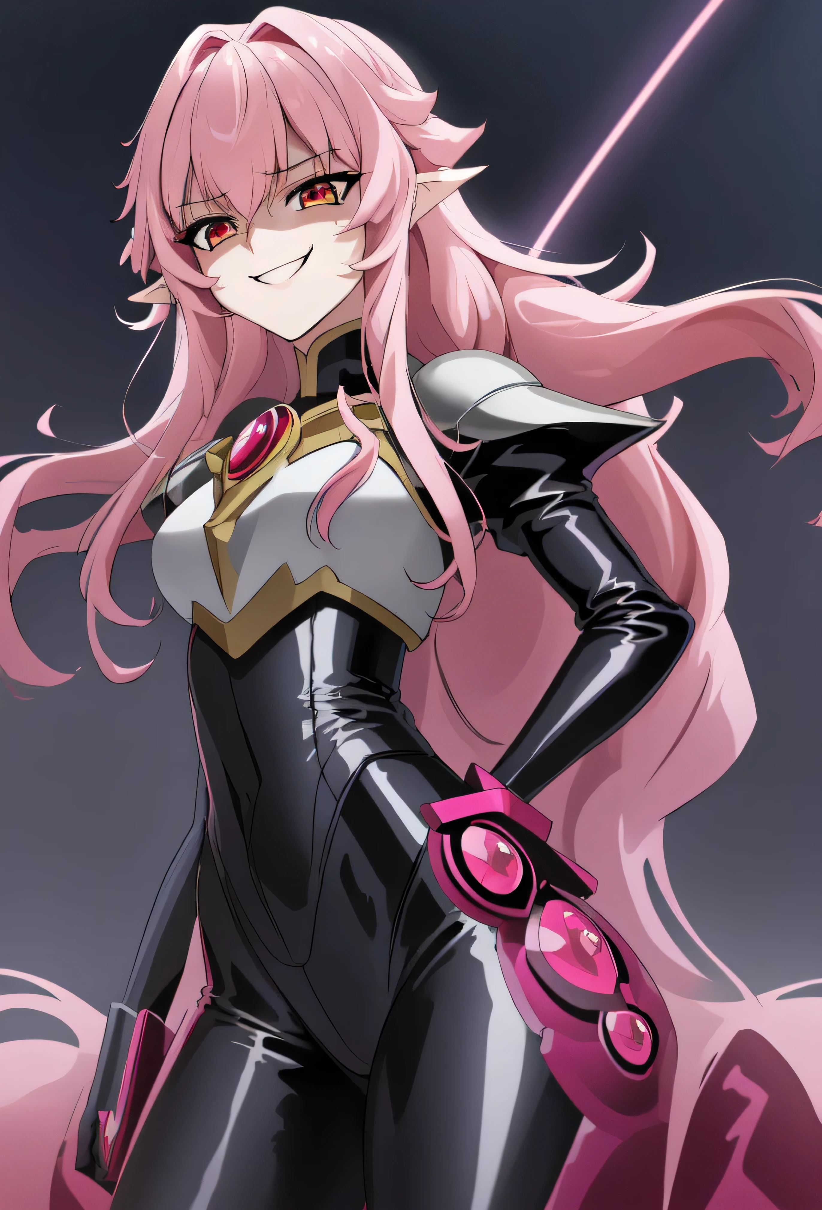 high quality, extremely detailed, perfect face,  Nova, long pink hair, (black latex bodysuit), steel pauldrons, steel breastplate, long ears, evil smirk, evil laugh, medium breasts, (dark and stormy skies, lightning)(masterpiece:1.0),(Highest_quality:1.0), 超High resolution,4k,Super detailed, photo shoot, 8K, HDR, High resolution, disorganized:1.2, kodak portrait 400,raising a lightning,,Embodiment of evil,sadistic smile,deep shaded face(eyes in shadow),singlebraid,smile worst,worst ridecule,most evil moukery,,onebraid,,two hands,five fingers,dark aura background,A face full of evil,most evil ridicule