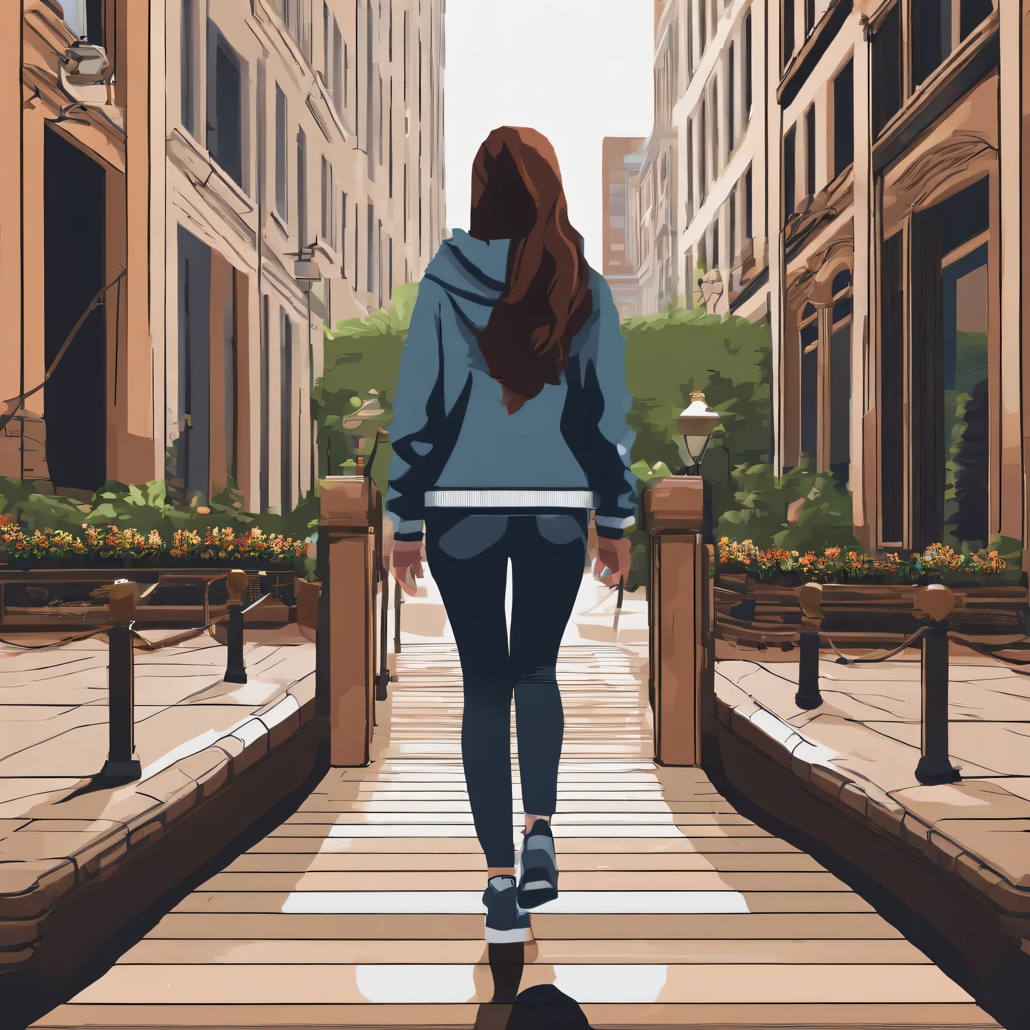 Create a pixel art animation of the girl walking forward. The animation should loop smoothly with a 3-4 frame cycle. Her movements are natural, with her arms swinging slightly and her feet stepping rhythmically. The animation uses a 32x32 pixel resolution, with details focused on her flowing hoodie and the slight bounce of her steps
