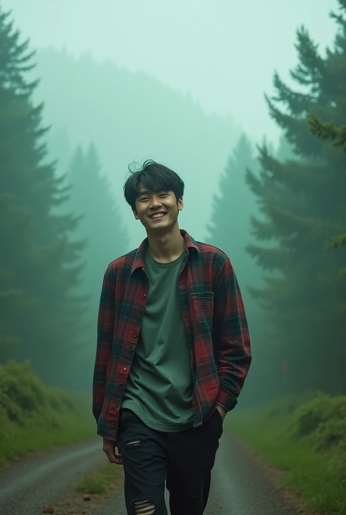 Photo taken from lowes angle, full body. 1 korean men, flanel, torn black jeans, casual shoes, laughing and looking at viewers. The camera focuses on the face. Face detail. Skin detail. (mountain:0.8), (cross-processing), (highly detailed), sharp shadows, intricately detailed, photographed on a Hasselblad 500, 80mm F2.8 lens, with Cinestill 800T film, cinematic contrast, outdoors, 32k, sharp focus, detailed sky, Dynamic movement, floresta, emerald fog, mystic, dynamic lighting, filigrana altamente detalhada, complicado, vivid colours, wide angle lens, HDR, hard shadows, art photography, breathtaking, (lens flare:0.7), atmospheric perspective, masterpiece