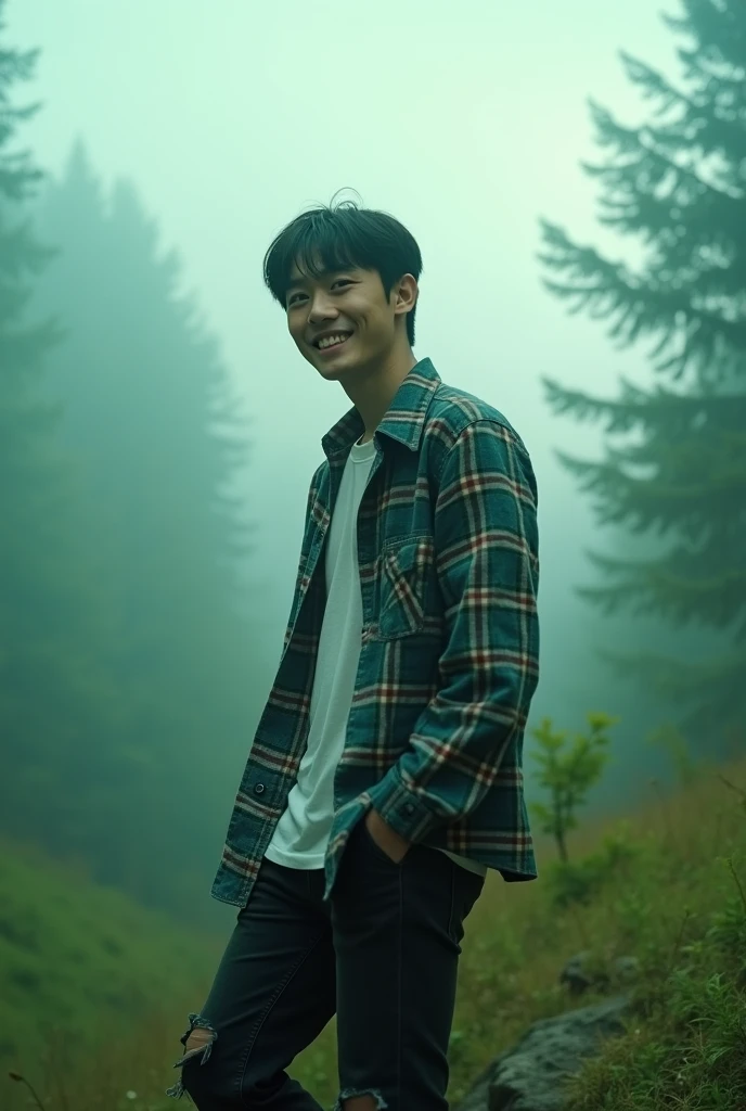 Photo taken from lowes angle, full body. 1 korean men, flanel, torn black jeans, casual shoes, laughing and looking at viewers. The camera focuses on the face. Face detail. Skin detail. (mountain:0.8), (cross-processing), (highly detailed), sharp shadows, intricately detailed, photographed on a Hasselblad 500, 80mm F2.8 lens, with Cinestill 800T film, cinematic contrast, outdoors, 32k, sharp focus, detailed sky, Dynamic movement, floresta, emerald fog, mystic, dynamic lighting, filigrana altamente detalhada, complicado, vivid colours, wide angle lens, HDR, hard shadows, art photography, breathtaking, (lens flare:0.7), atmospheric perspective, masterpiece