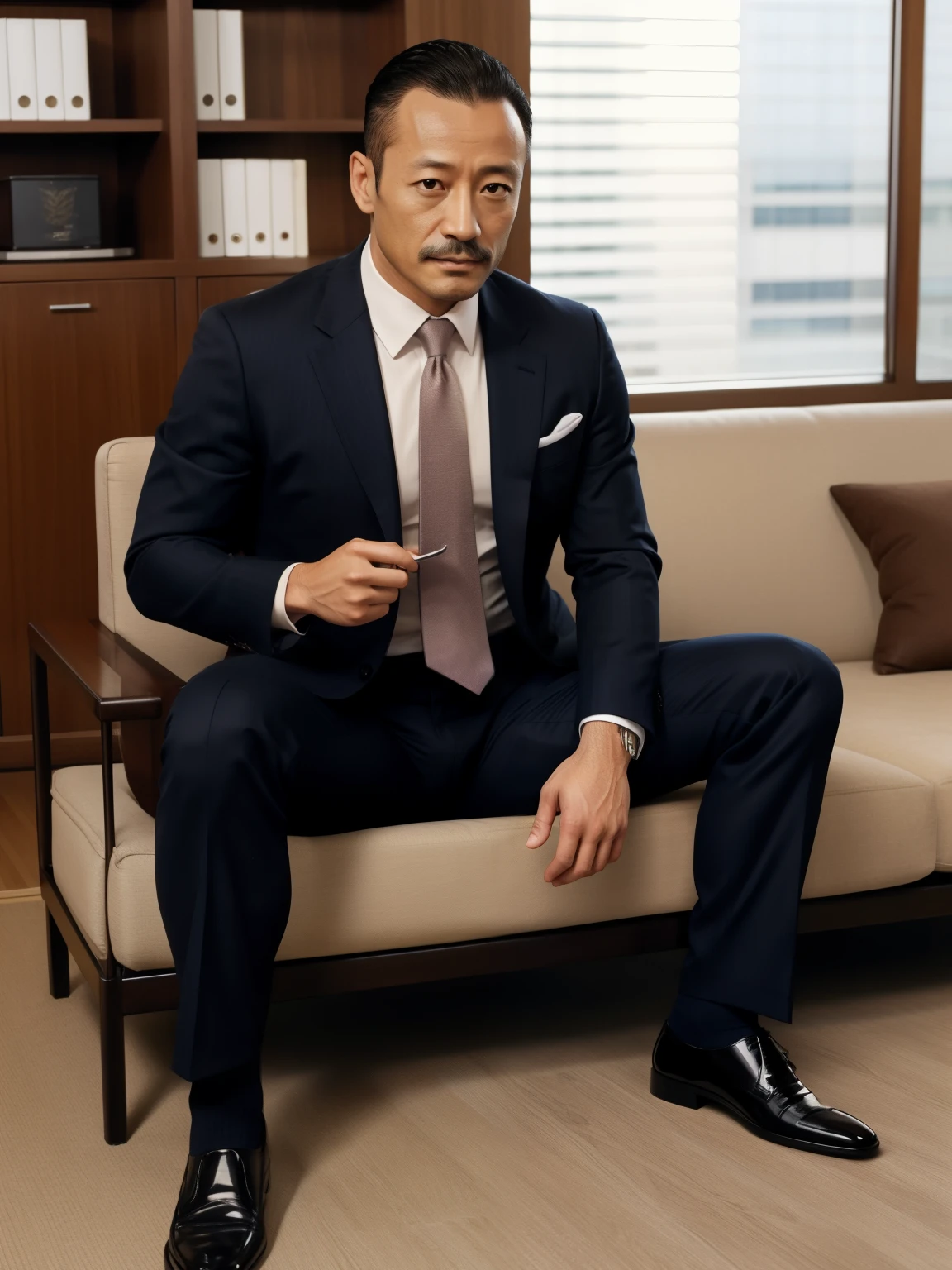 40 years old,Hidetoshi Nakata,(Kogoro Mori 1.3),whole body,Lean,muscle,office,black,foot,Suit,foot抬起,sofa,Baldhead ,transparent,Thick body hair,underwear,Topless,Densely hairy,Fortitude,HD,With a mustache