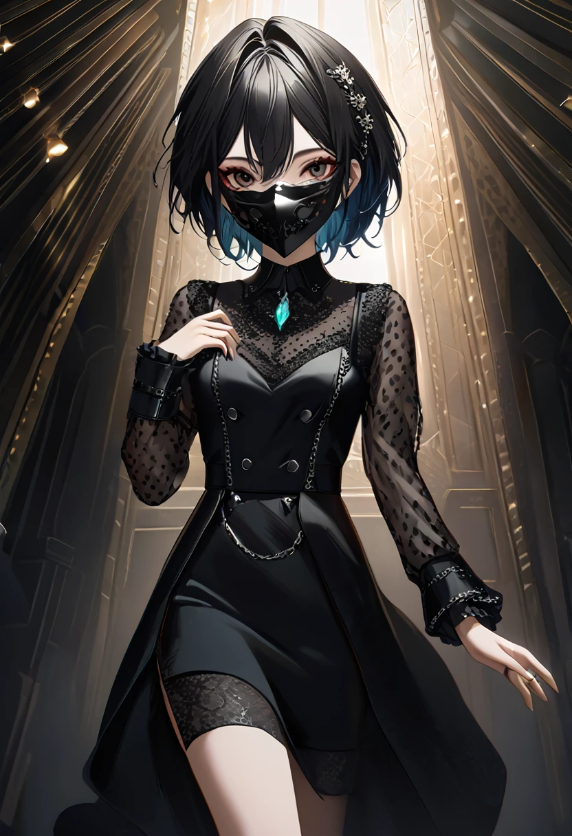 Highest quality、8k、masterpiece：1.3、Gothic Punk、The inside color is red、Black-haired、hair ornaments、Beautiful girl、creative、Dark Fantasy Style、Goth Fashion：1.2、Fine skin、Sharp focus、(Cinematic lighting)、Realistic textured hair、((Black Mask)),Whole Body Ezbian、