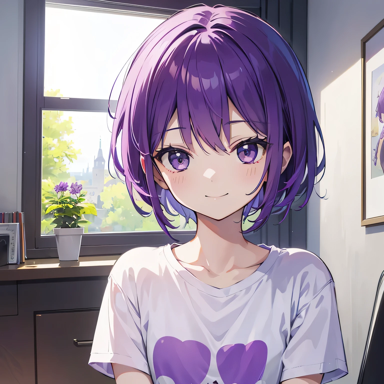 (T Masterpiece,4K wallpaper,Best Quality))、((1people))、(solo)、Bright and Brilliant,(Purple Hair)、(short hair:1.3)、smile、Bedroom、T-Shirts、morning