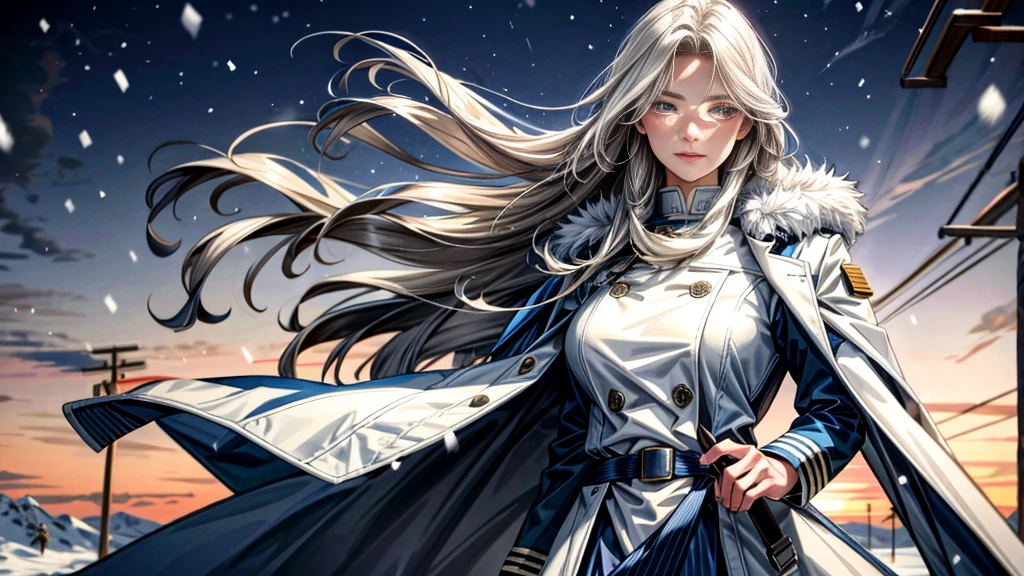(highest resolution, distinct_image), realistic, Best quality, single person, one girl, solo, masterpiece, highly detailed, realistic, long hair, braided white blond hair, (blue military uniform underneath the coat), depth of field, (falling snow), ((big breasts)), authoritative, dignified, calm and powerful expression, ambient lighting, exquisite facial feature, (fur-trimmed white coat), open coat, short skirt, looking at viewer, head to waist, dynamic angle, light smile, ((from front)), ((quiet and spacious plaza in background))