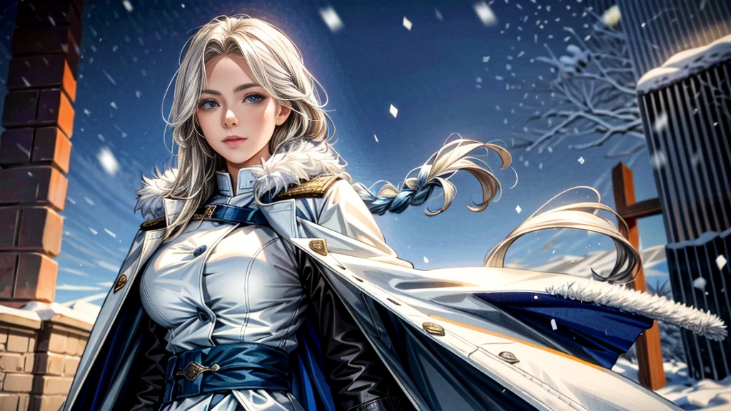 (highest resolution, distinct_image), realistic, Best quality, single person, one girl, solo, masterpiece, highly detailed, realistic, long hair, braided white blond hair, (blue military uniform underneath the coat), depth of field, (falling snow), ((big breasts)), authoritative, dignified, calm and powerful expression, ambient lighting, exquisite facial feature, (fur-trimmed white coat), open coat, short skirt, looking at viewer, head to waist, dynamic angle, light smile, ((from front)), ((quiet and spacious plaza in background))