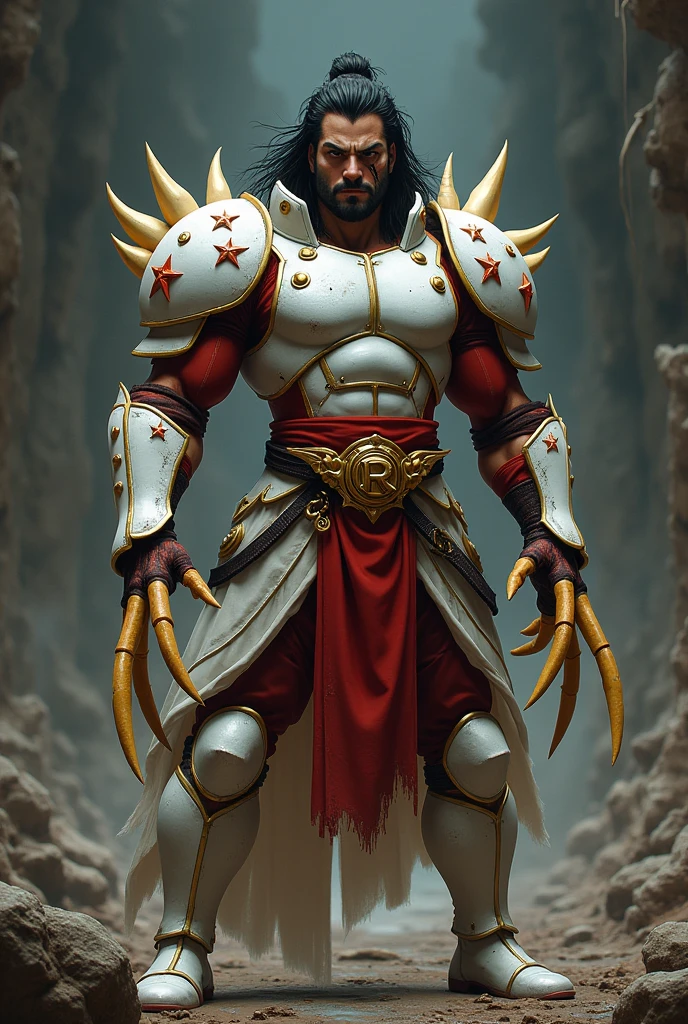 Male age 35, long black hair, receding hairline, scar on the face, latin, Long pale yellow bone punches out from the wrists to the ground, white Plate armor, armor breastplate with a pair four-pointed red stars, a gold belt buckle with a letter R, red leotard, plate belt, plate wristband, armor boots with red flames, cyberpunk japanese style, athletic, magic powers, action, black cat nails, crazy pose, dark ruins backgroud, full body