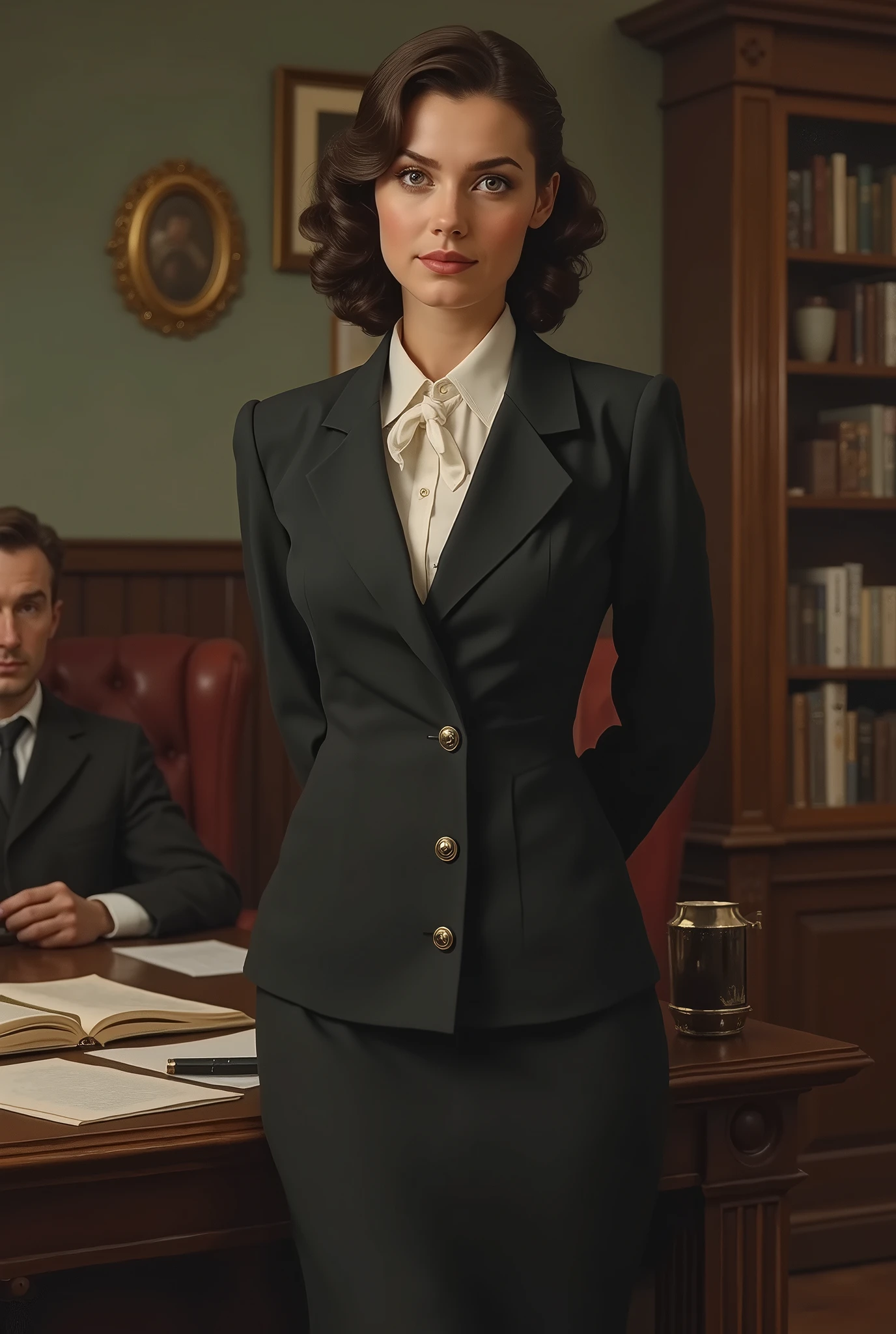 Russian Secretary,1940 year,1940 style, brunette,breasts under dress 
