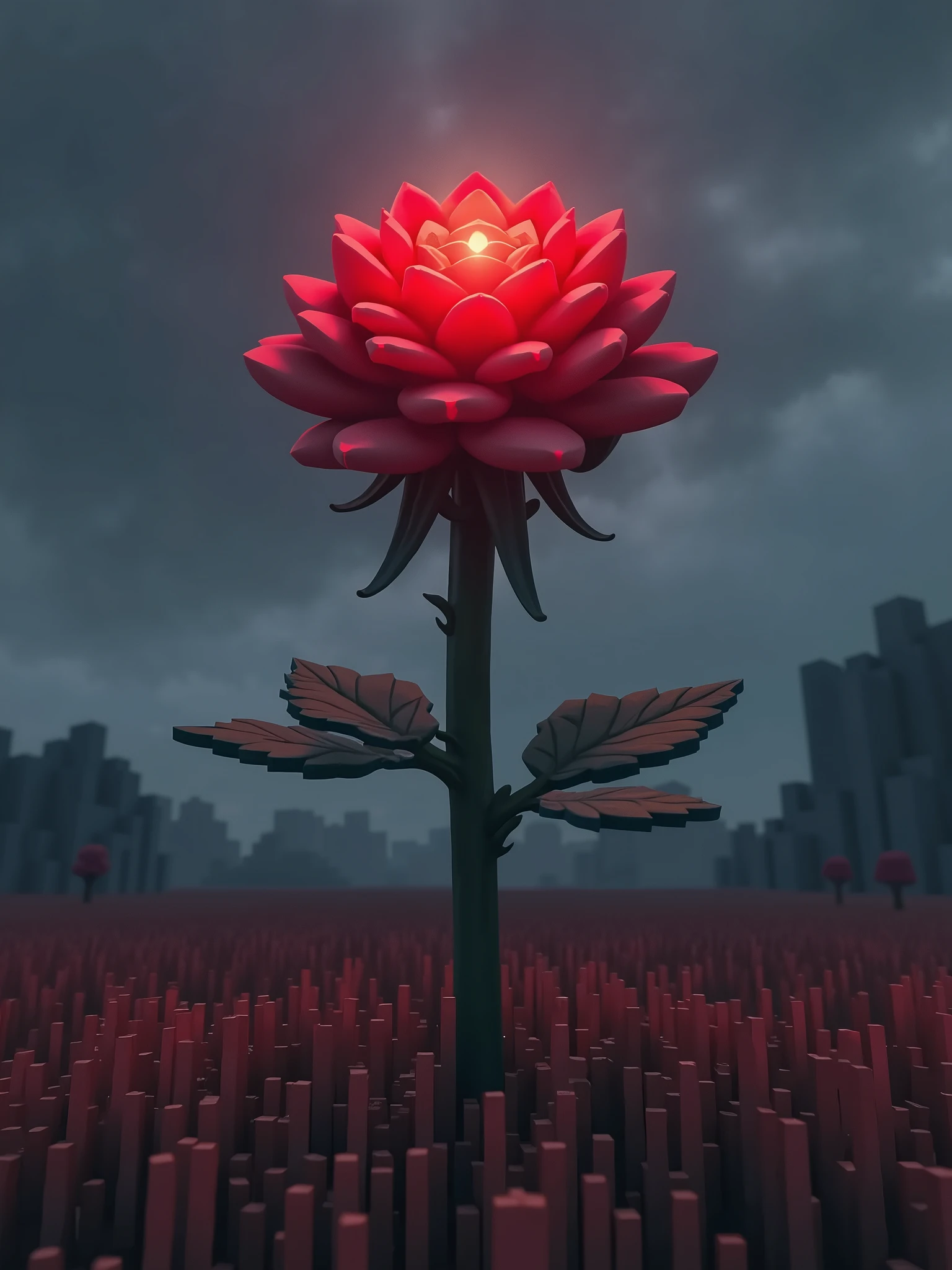 minecraft nether rose, in an open field, dark sky, cloudy, low saturation, absurdres, dead grass, minecraft style