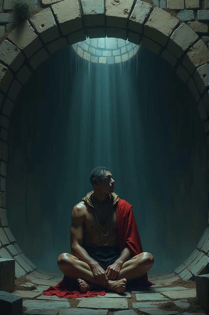 A king sitting in side the well with a sad mide