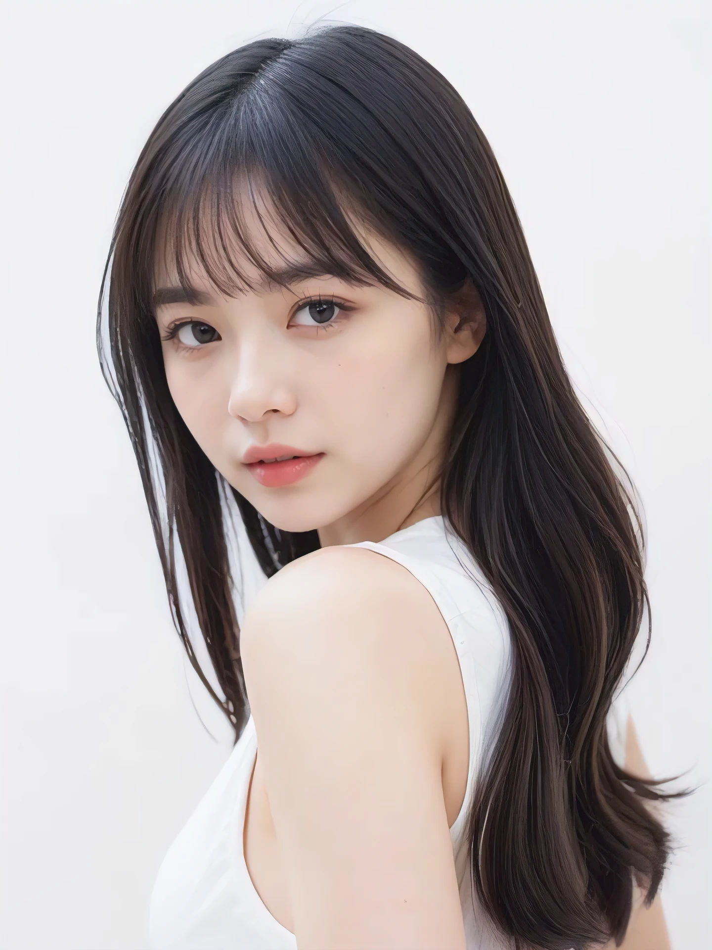 1girl, 25years old woman, cute face, Small breasts, medium breasts, large breasts, beautiful face, (perfectly detailed face), ((looking at viewer)), Simple Background, ((white background)), ((white wallpaper)), White skin, (bright lighting:1.2), perfect lighting, photorealistic, (bokeh), UHD, anatomically correct, highres