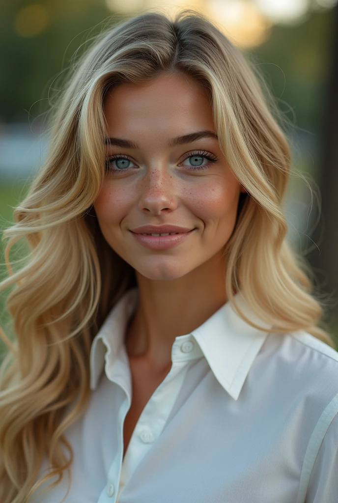 masterpiece, realistic, detailed eyes, beautiful, looking at the viewer, natural lighting, depth of field, film grain, wrinkled skin, 24yo, female, solo, wavy long blonde hair, blue eyes, white, formal shirt, freckles, smile, lips, upper body, Portrait, Close-up, Front view, Exterior