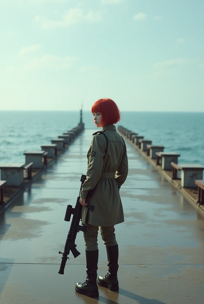 Ridiculous resolution, high resolution, (masterpiece: 1.4), Ultra Detail, Weapons testing site on an empty pier by the sea, ung woman, Red short hair, soldier outfit, Very serious expression