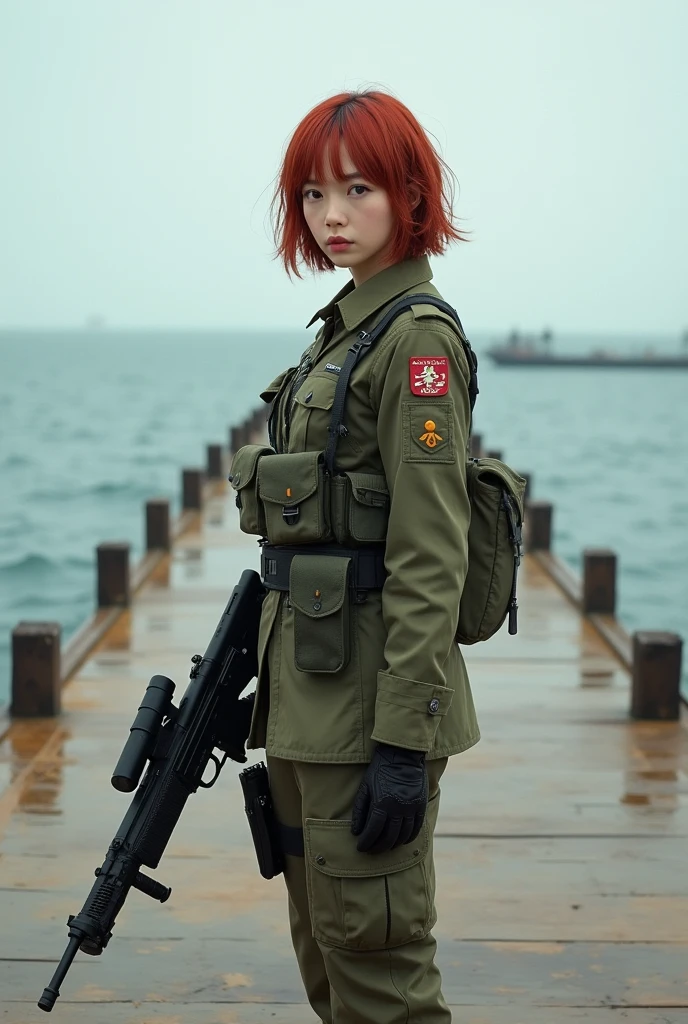 Ridiculous resolution, high resolution, (masterpiece: 1.4), Ultra Detail, Weapons testing site on an empty pier by the sea, 1 young woman, Red short hair, soldier outfit, Very serious expression