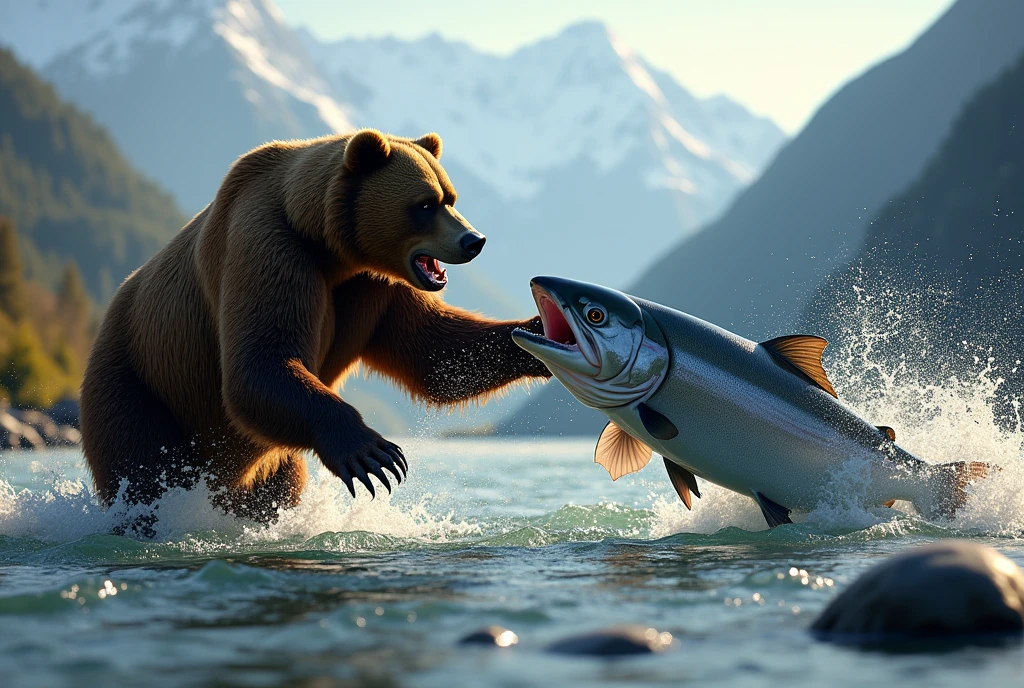best quality, masterpiece, (A brown bear and a giant salmon are fighting in the river)、(A salmon is about to bite a brown bear)、(A brown bear is trying to hit a salmon with its sharp, clawed hands)、(Splash:1.3)、(low angle:1.3)、(Bold composition)、(Beautiful mountain river)、(Backlight)