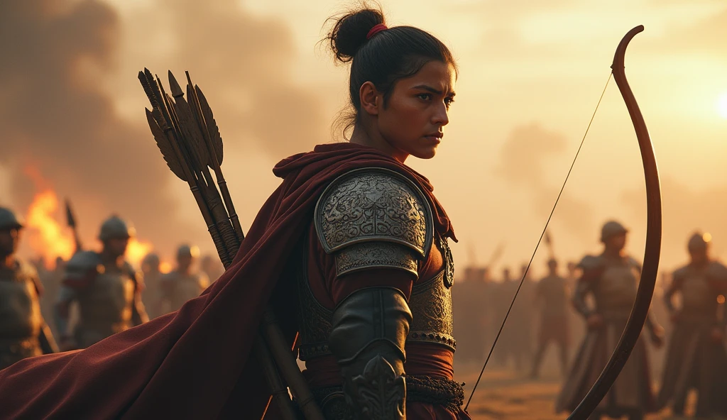 Arav, the young warrior: Arav, a young warrior with determined eyes, wearing traditional warrior armor, holding a bow and arrow, standing in a battlefield with a conflicted expression on his face.