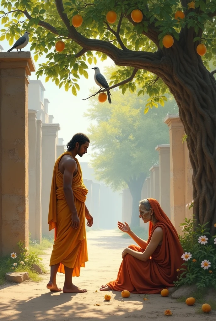 It is spring time in the old city of mathura in 3rd century BC. A young monk dressed in sage clothes is walking out of the city gates of Mathura and the streets are lonely.Trees are filled with blossom flowers and koels are sitting on the trees.Outside the city gates a mango groove is there. Under that tree, a woman is sitting and she is having small pox and looks very ugly. The young monk sat down with one leg on the floor and on one leg he placed the woman’s face on his lap and gave her water.