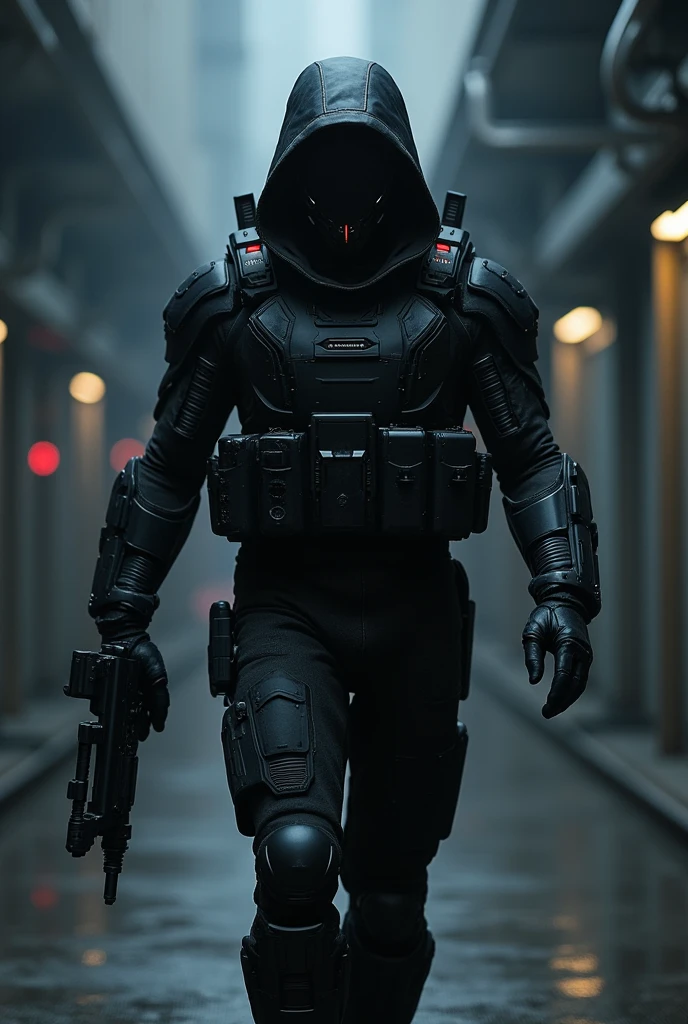 A man in black agent armour suit with mask and weapon like agent