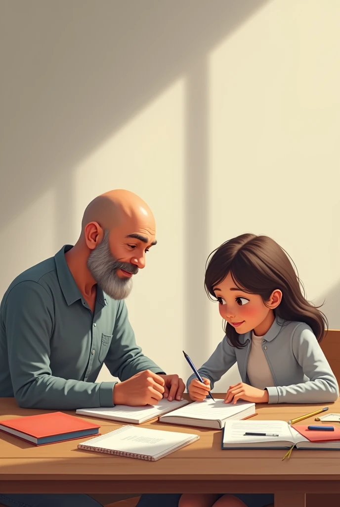 I need you to draw a bald man sitting down and a girl sitting next to him showing him her notebooks and homework., very clean but more details of the table should be shown and so on 