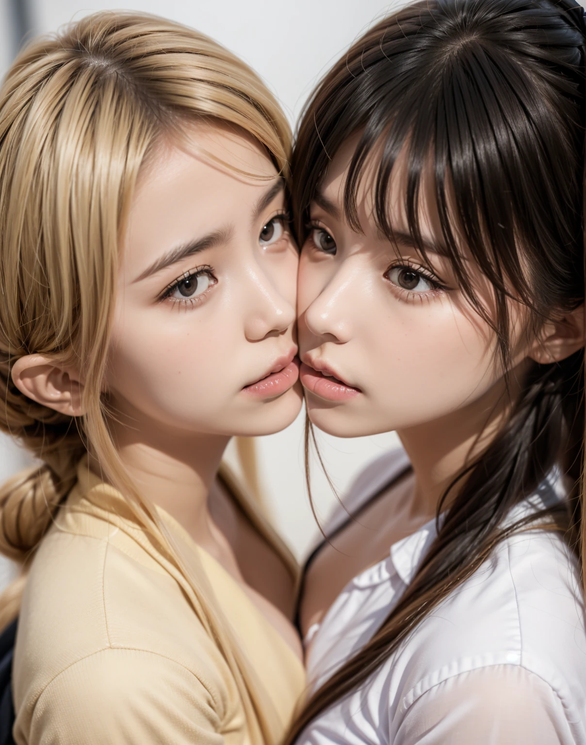 8k,masterpiece,Japanese,best quality, angry, (schoolgirls:1.2), (kissing:1.5), (breasts:1.2)