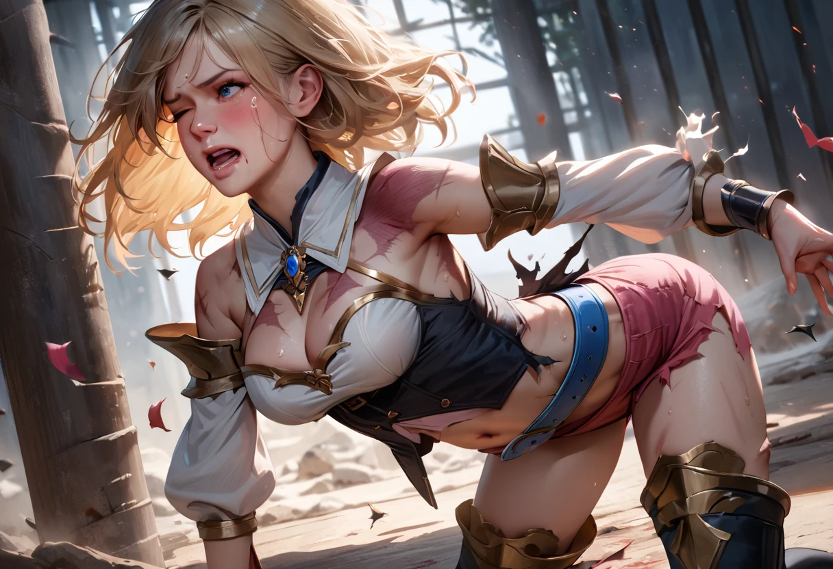 (best quality), (masterpiece), very aesthetic, absurdres, high res, detailed face, realistic, 1girl, Ashelia, medium hair, blonde hair, blue eyes, detached collar, white shirt, brooch, cleavage cutout, navel, black corset, pink miniskirt, blue belt, detached sleeves, bracer, thigh boots, [white panties], (injury skin, scar skin, bleeding skin), (Exploding Clothes, torn clothes:1.15), BREAK NSFW, ass focus, (from side, looking back:1.2), ALL FOURS, doggystyle, (wink, one eye closed), pain, crying, tears, sigh, blush, sweat, (outdoors, prison), cloth pieces, Blood splatter, shockwave, cinematic lighting, diffraction spikes, 