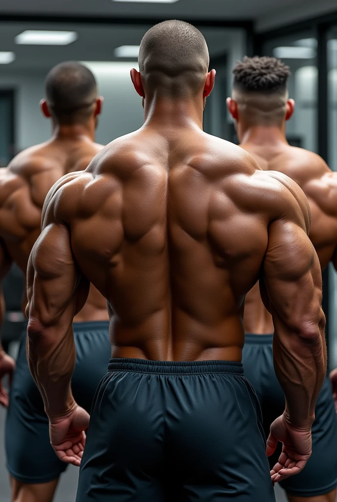 make a really buff guy, big lats muscles, perfect bodybuilder physique, alongside with his two other gym buddies that are also as goodlooking as him, the other one has a dark skin color and has a buzzcut, with texts saying "Rockwell, Dhennis, Yvan"