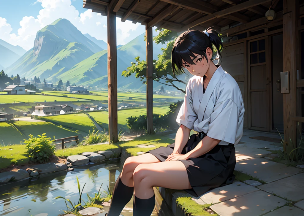 Toji Fushiguro, sitting down, PENSATIVE, Background landscape