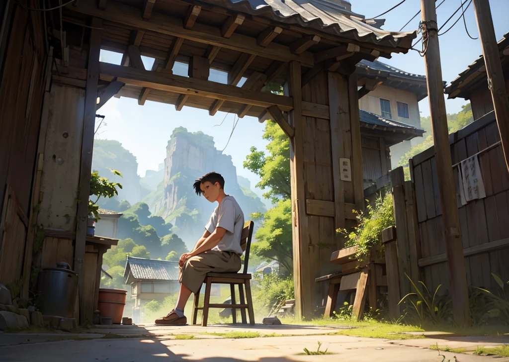 Toji Fushiguro, sitting down, PENSATIVE, Background landscape