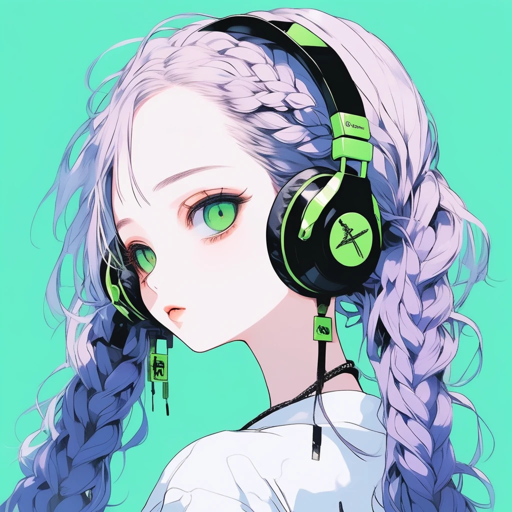 ilustrador, Japanese cartoons , Practical ,sketch , 1 girl, ,Lips, summer,Short sleeve,Order, Blue gradient background, Neon hair,Texture decoration, Canada, (masterpiece,best quality) glycerin,she is wearing black, square-shaped headphones around his neck, with the Marshall logo on them.masterpiece, ultra detailed, 8K, solid blue Skyscrapers background, full body shot, Angle looking up from below.happy, a girl, kawaii, light atmosphere, mysterious atmosphere, (Cute a girl:1.5), (a girl with closs hair pin,pale purple hair,wavy two braids,bluntbangs hair,green and black eyes,
Loose and fluffy fashion,,fullbody shot :1.4), small breast,slim, expressionless,