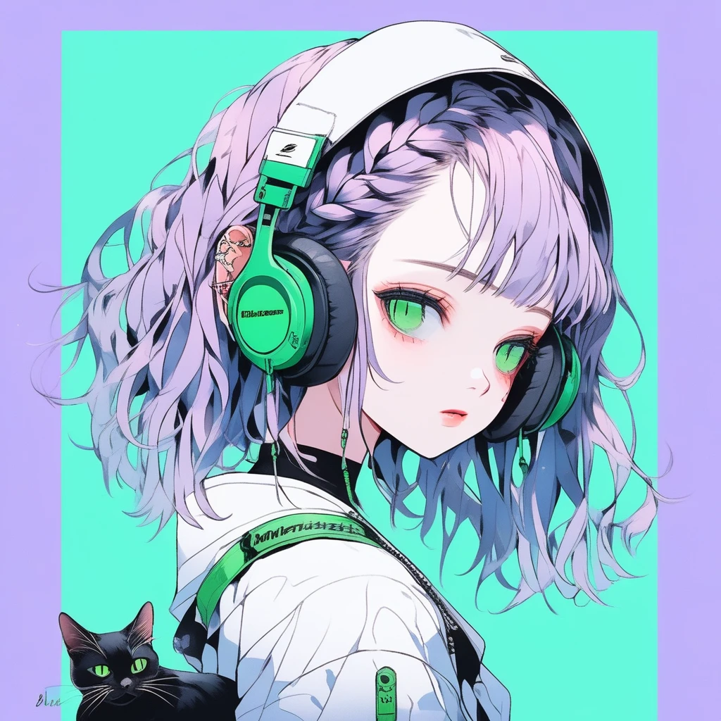 ilustrador, Japanese cartoons , Practical ,sketch , 1 girl, ,Lips, summer,Short sleeve,Order, Blue gradient background, Neon hair,Texture decoration, Canada, (masterpiece,best quality) glycerin,she is wearing black, square-shaped headphones around his neck, with the Marshall logo on them.masterpiece, ultra detailed, 8K, solid blue Skyscrapers background, full body shot, Angle looking up from below.happy, a girl, kawaii, light atmosphere, mysterious atmosphere, (Cute a girl:1.5), (a girl with closs hair pin,pale purple hair,wavy two braids,bluntbangs hair,green and black eyes,
Loose and fluffy fashion,,fullbody shot :1.4), small breast,slim, expressionless,